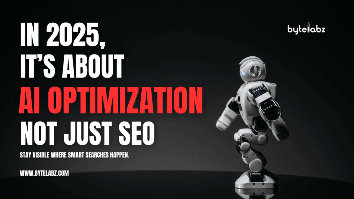Robot with text highlighting AI Optimization over SEO in 2025.