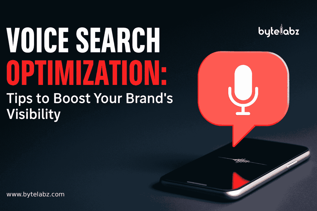 Voice Search Optimization tips banner with a smartphone and microphone icon on a dark background, branded with ByteLabz.