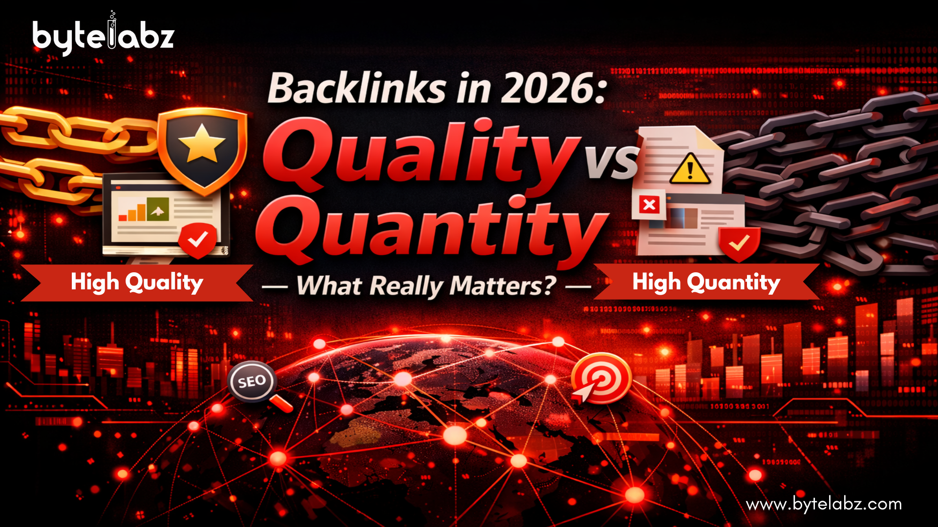 Quality vs Quantity Backlinks in 2026 Quality vs Quantity Backlinks comparison graphic showing high-authority links versus low-quality links in 2026 SEO strategy.