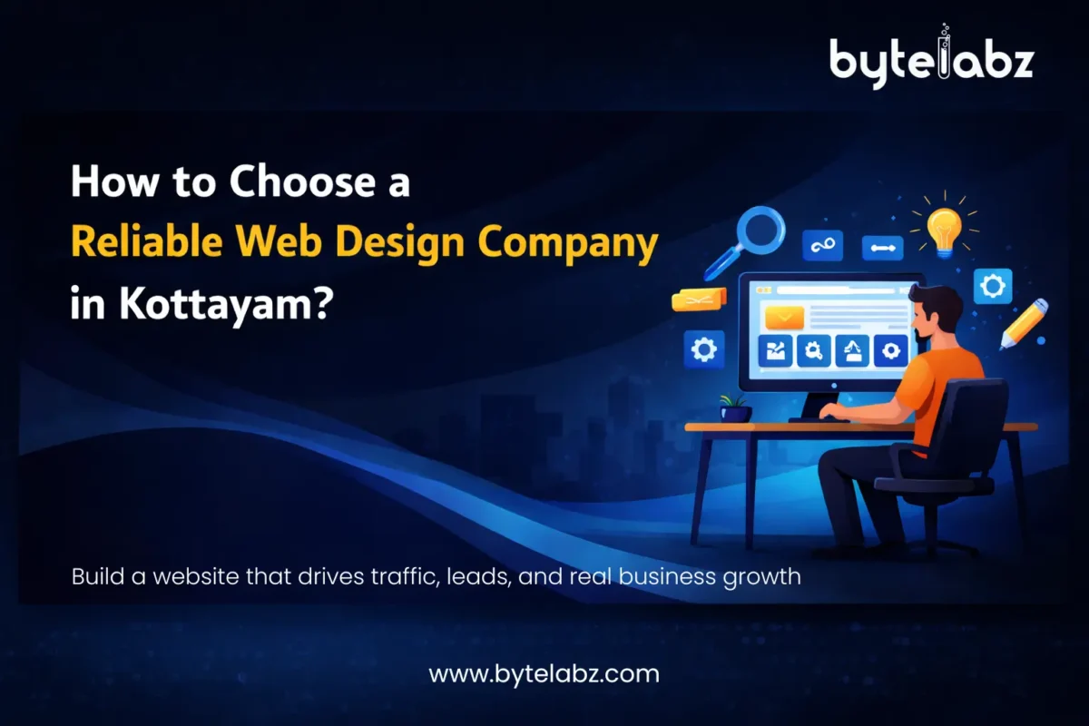 Reliable web design company in Kottayam banner showing website development concept with modern UI design illustration