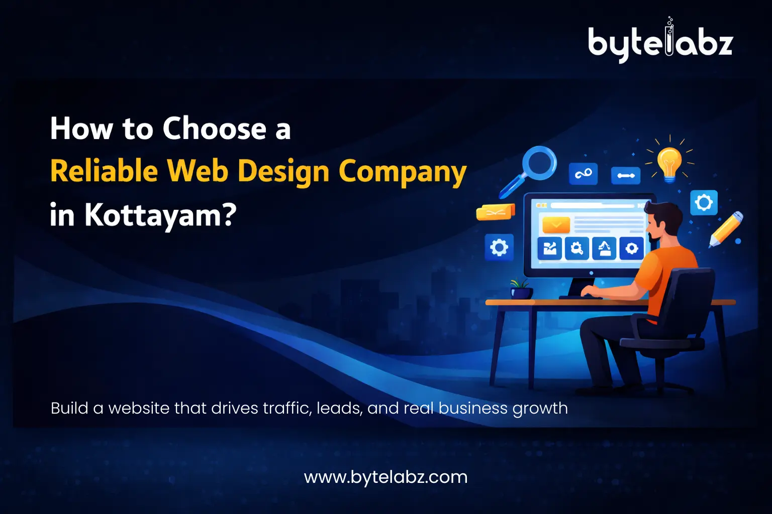 How to Choose a Reliable Web Design Company in Kottayam Reliable web design company in Kottayam banner showing website development concept with modern UI design illustration