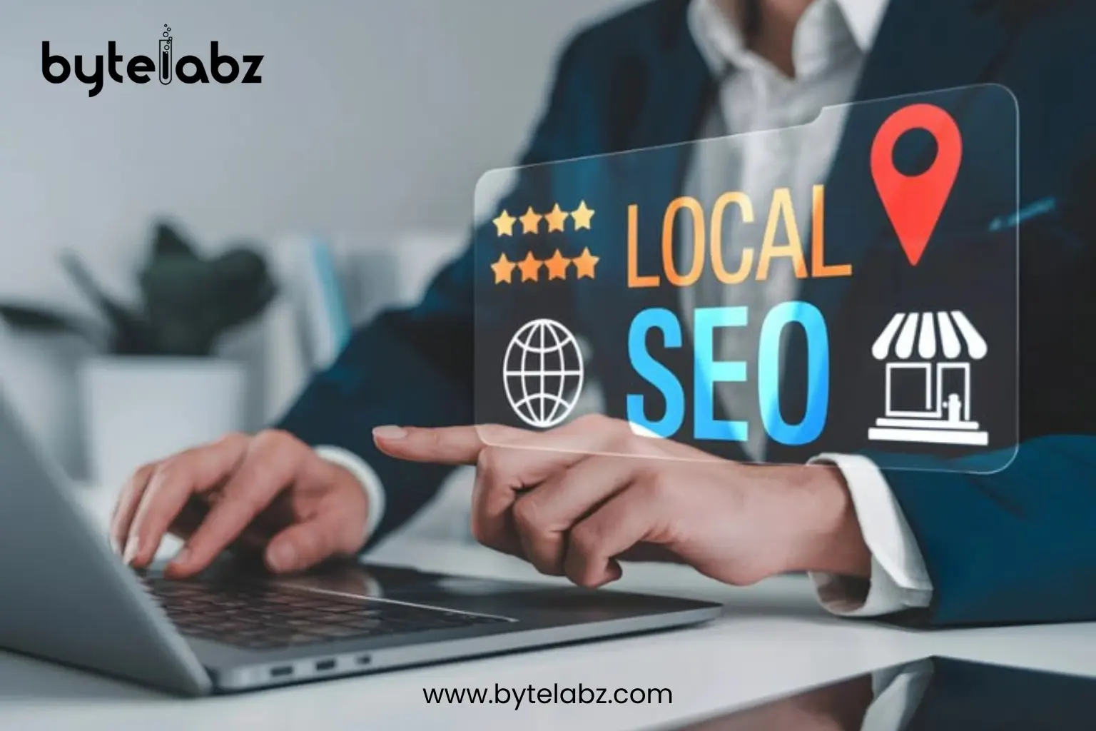 Business professional using laptop with local SEO icons including map pin, ratings, and storefront for local search optimization