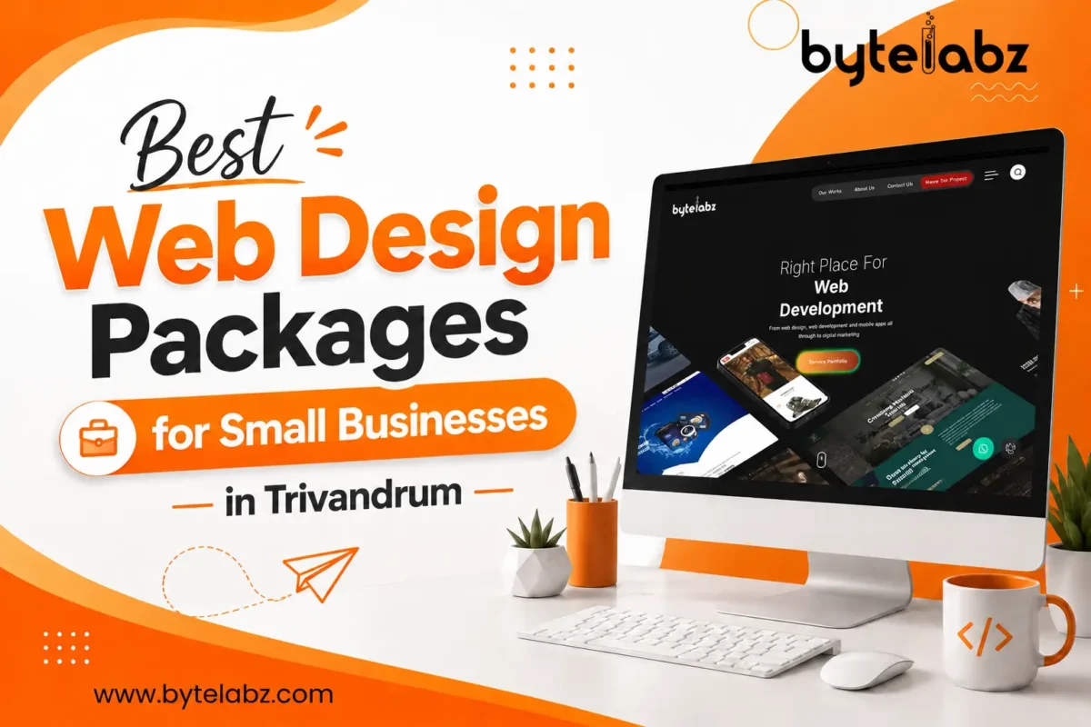 Modern promotional banner showcasing Bytelabz web design packages for small businesses in Trivandrum with a desktop screen displaying a professional website design.