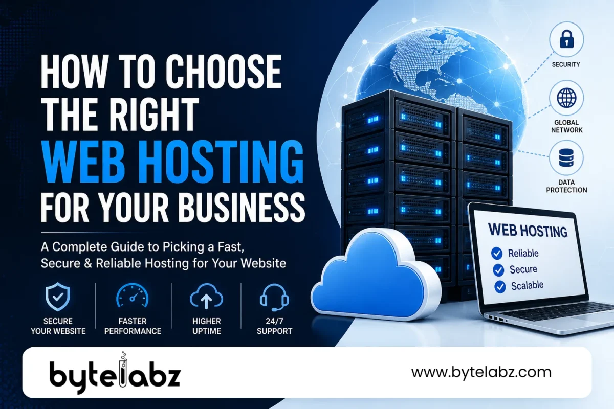 Web hosting banner showing servers, cloud technology, and laptop representing fast, secure, and scalable hosting for businesses