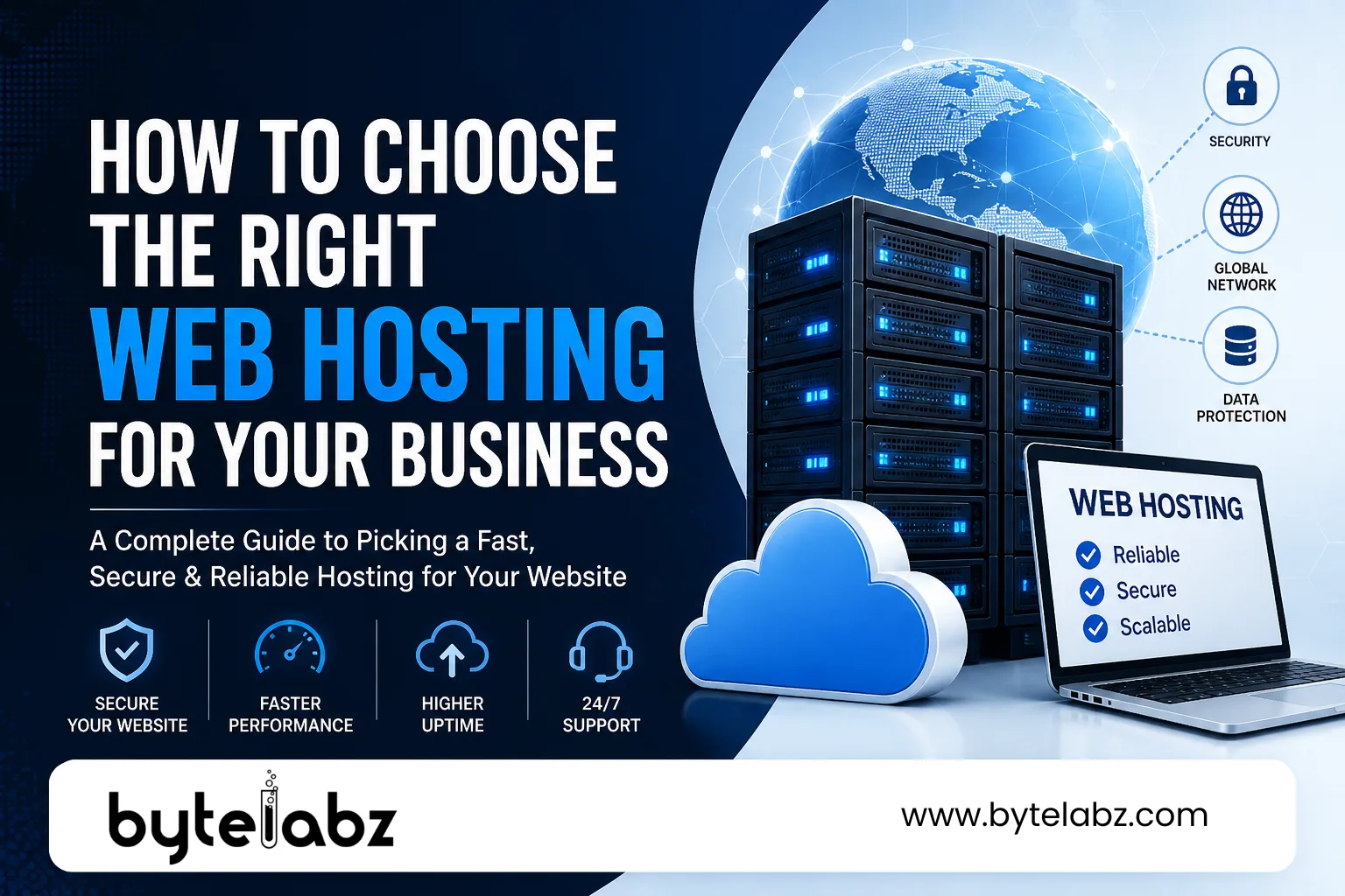 Web hosting banner showing servers, cloud technology, and laptop representing fast, secure, and scalable hosting for businesses