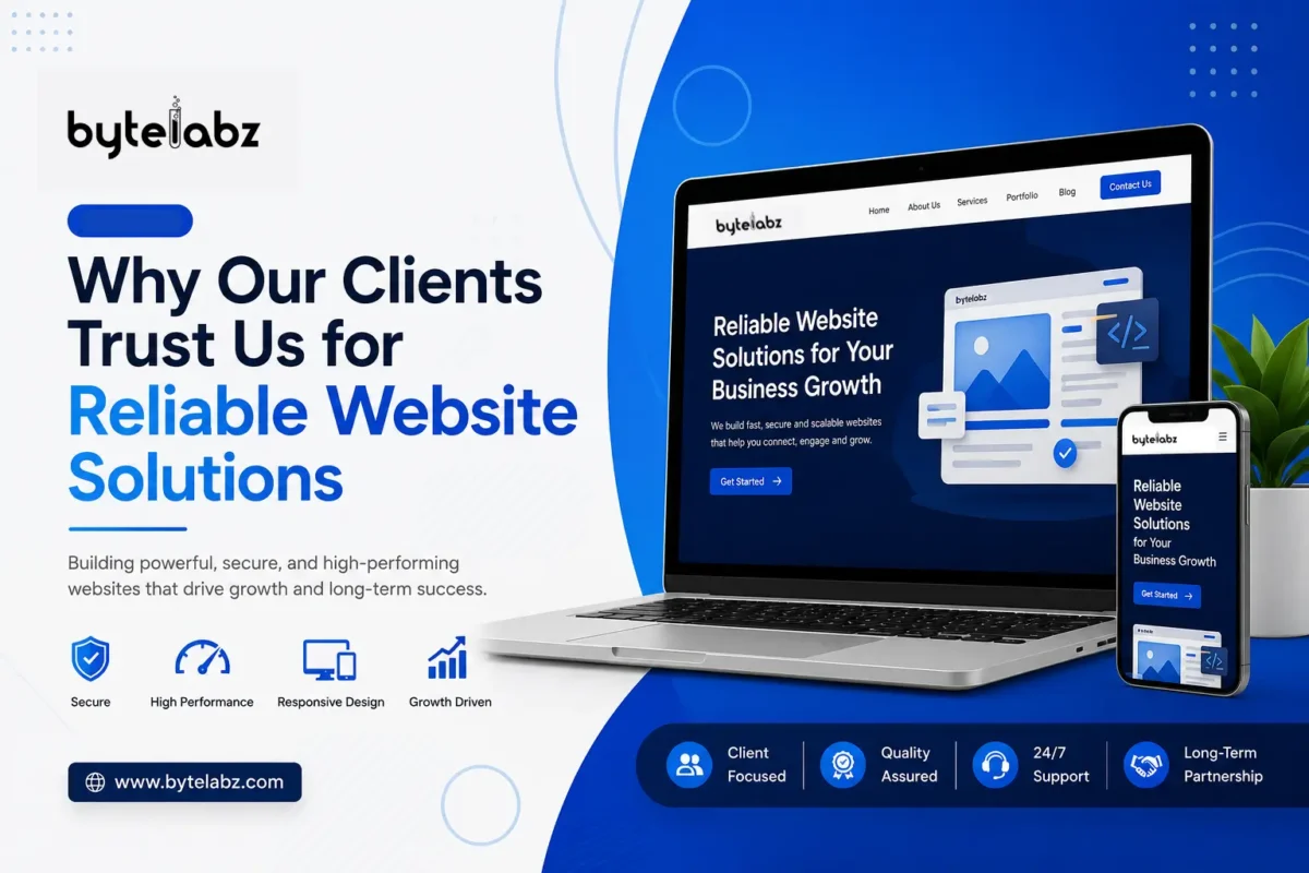 Modern digital illustration showing secure and high-performance website solutions with responsive web design, SEO optimization, and business growth elements.