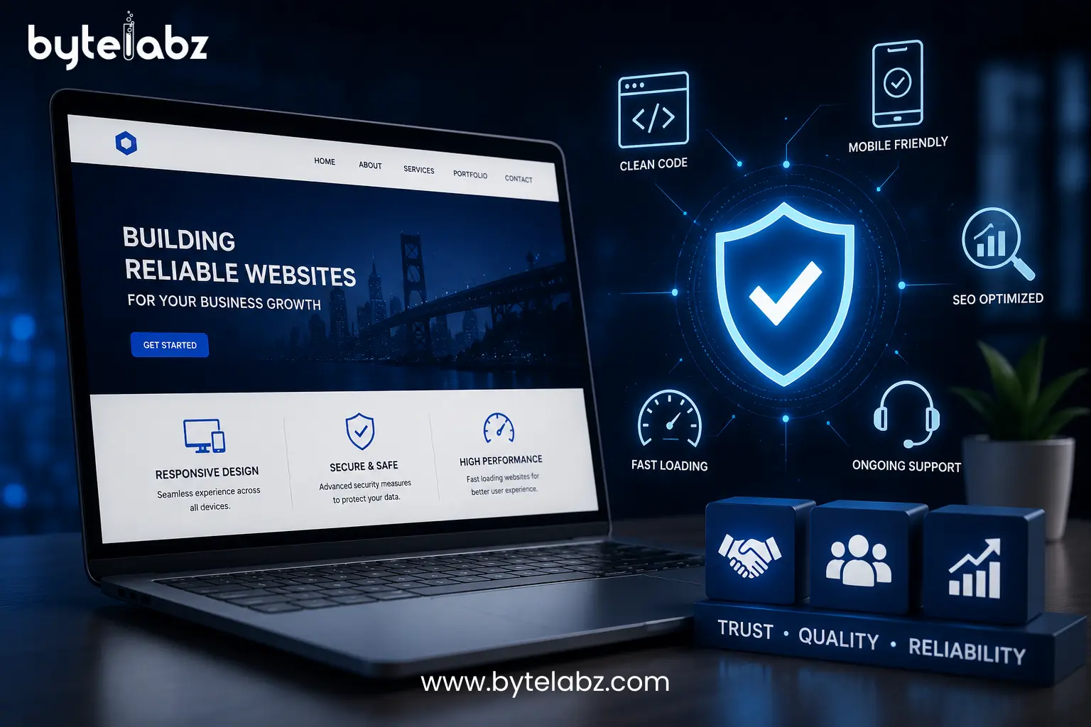Bytelabz reliable website solutions banner featuring secure web development, SEO optimization, responsive design, fast loading performance, and business growth elements.