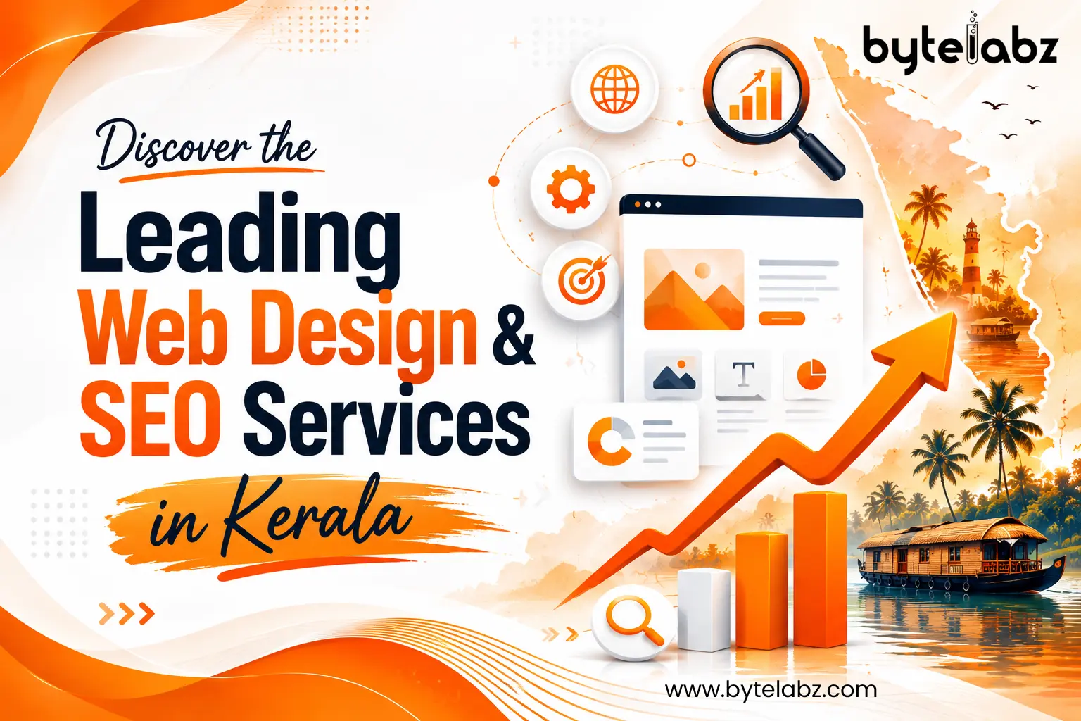 Professional blog banner showcasing web design and SEO services in Kerala with SEO growth elements, website design illustrations, search ranking icons, digital marketing graphics, and an orange-white corporate theme.