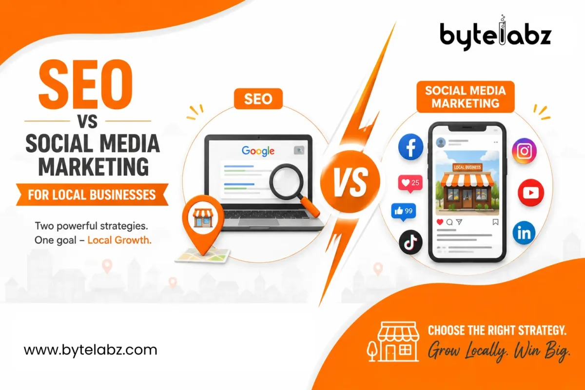 SEO vs Social Media Marketing for Local Businesses comparison showing search engine optimization and social media marketing strategies for local business growth