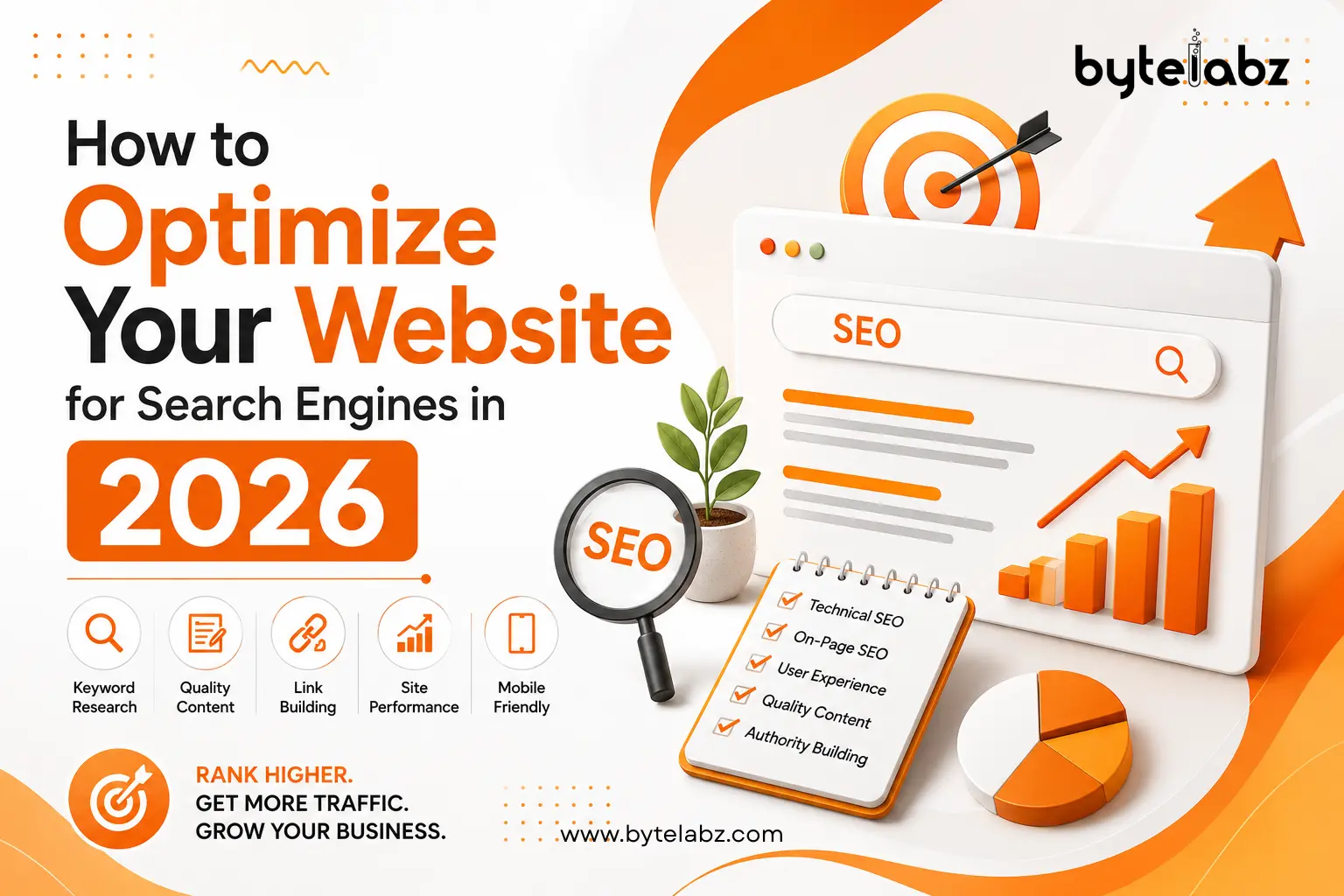 SEO optimization poster showing website search engine strategies for 2026 with keyword research, link building, technical SEO, and website performance elements by Bytelabz.