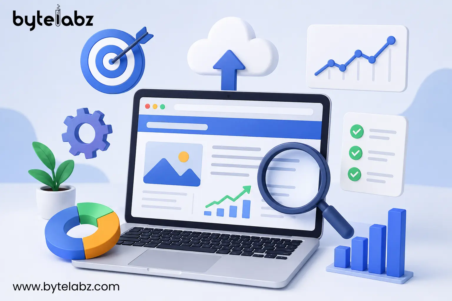 SEO optimization poster showing website search engine strategies for 2026 with keyword research, link building, technical SEO, and website performance elements by Bytelabz.