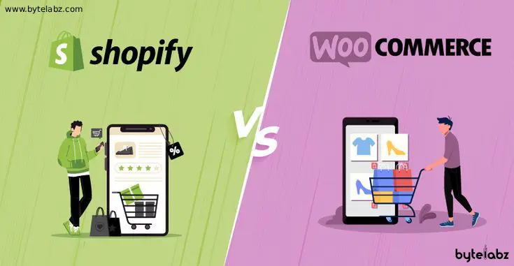 Illustration comparing Shopify vs WooCommerce for eCommerce website development, highlighting the differences between the two platforms by Bytelabz.
