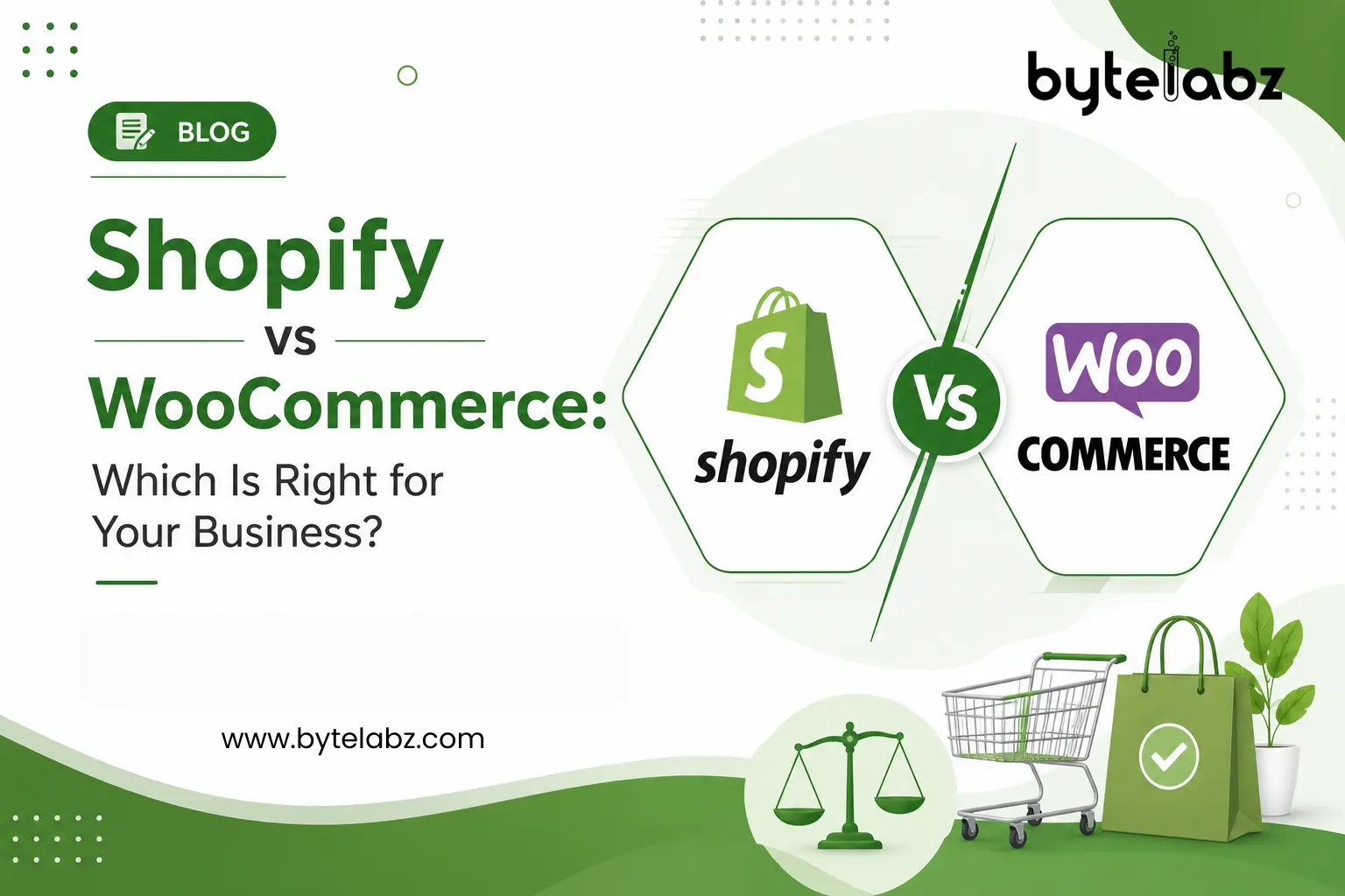 Modern green and white illustration comparing Shopify and WooCommerce with ecommerce shopping elements, representing two popular ecommerce platforms for online businesses.