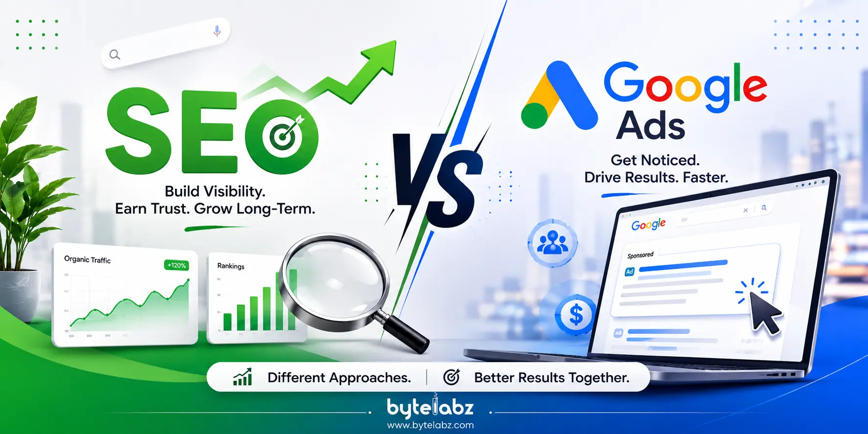 SEO vs Google Ads comparison banner showing organic search visibility and paid advertising strategies for business growth