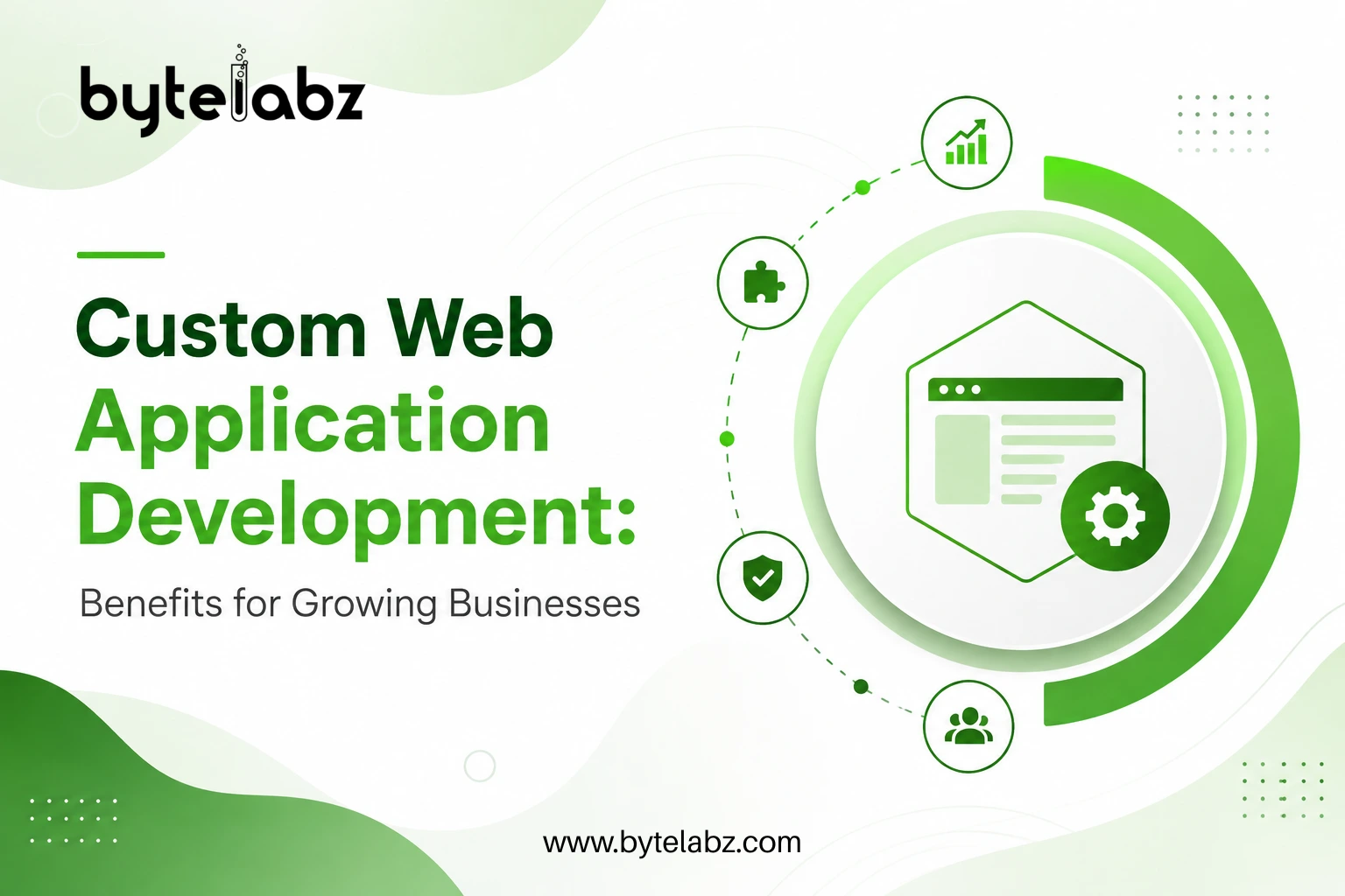 Custom Web Application Development: Benefits for Growing Businesses Professional green and white banner illustrating custom web application development with modern abstract elements, growth icons, and business-focused design.