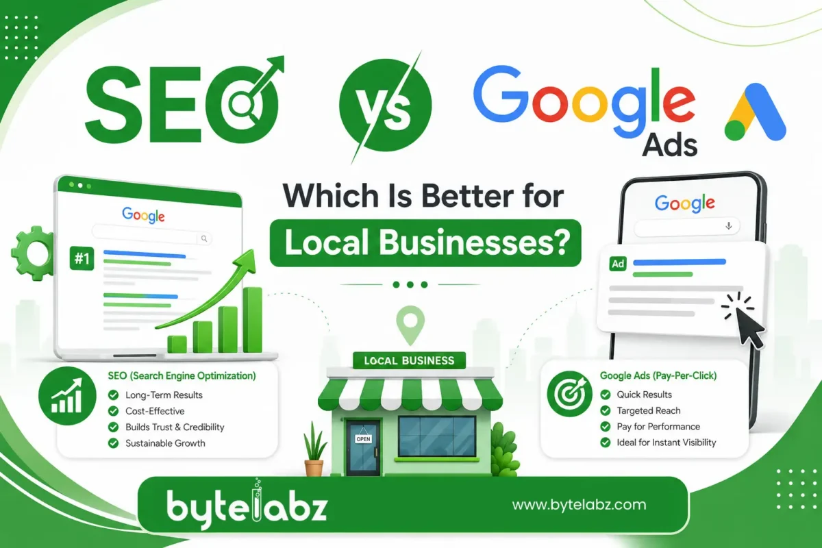 SEO vs Google Ads comparison for local businesses, showing search engine optimization and Google Ads benefits