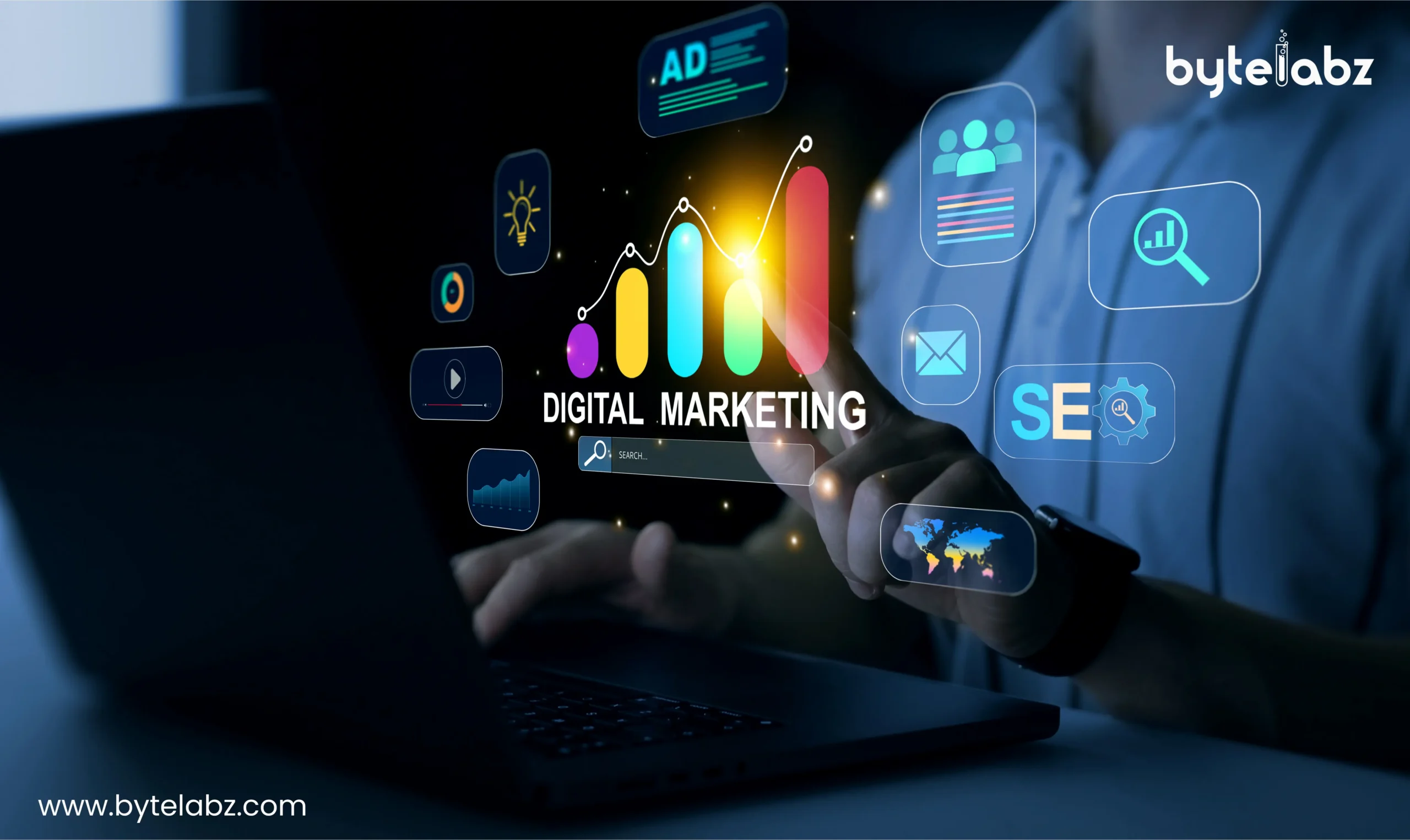 Digital marketing concept showing SEO, advertising, analytics, search, email marketing, and digital growth icons on a laptop