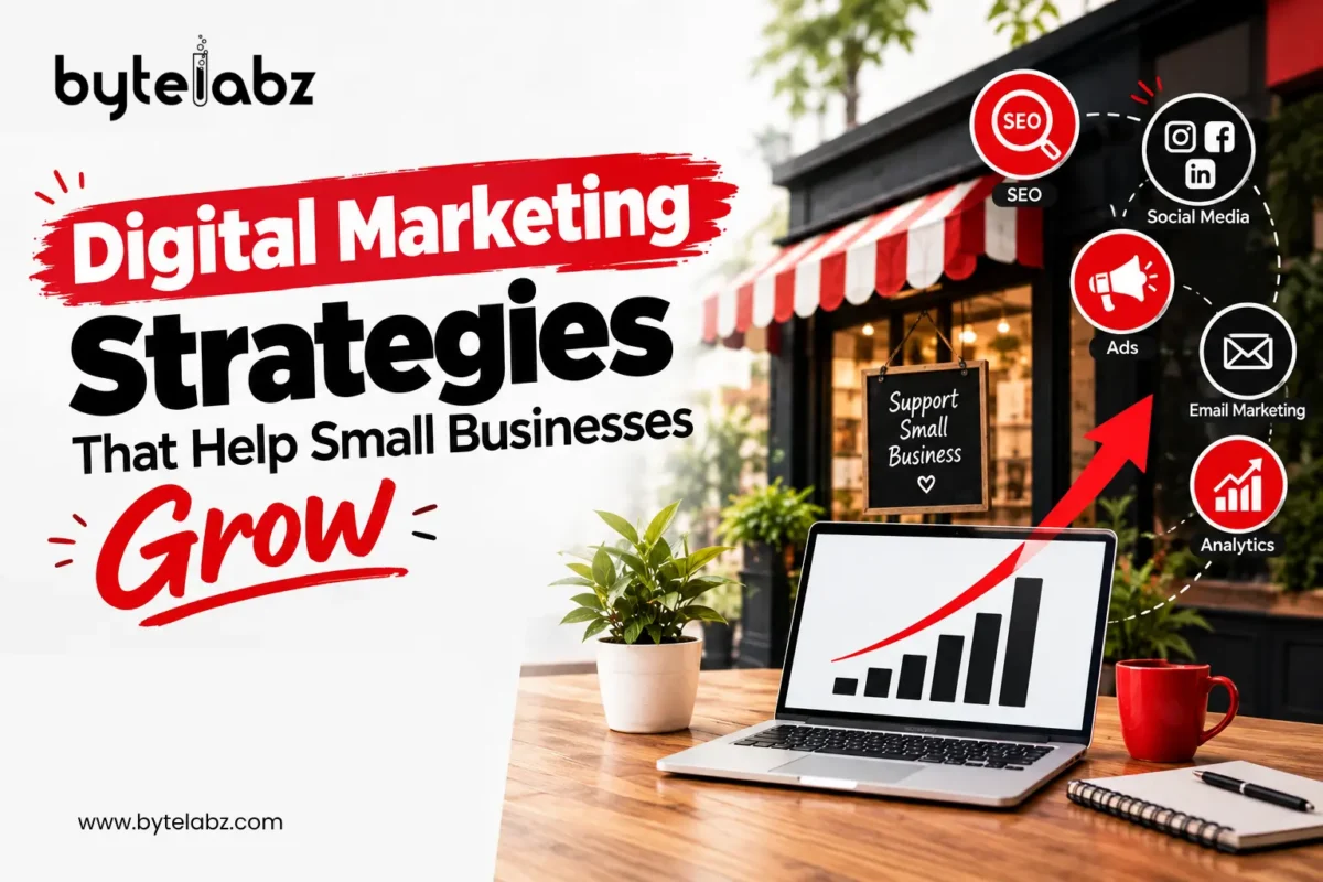 Infographic showing digital marketing strategies for small business growth, including SEO, social media, ads, email marketing, and analytics, by ByteLabz