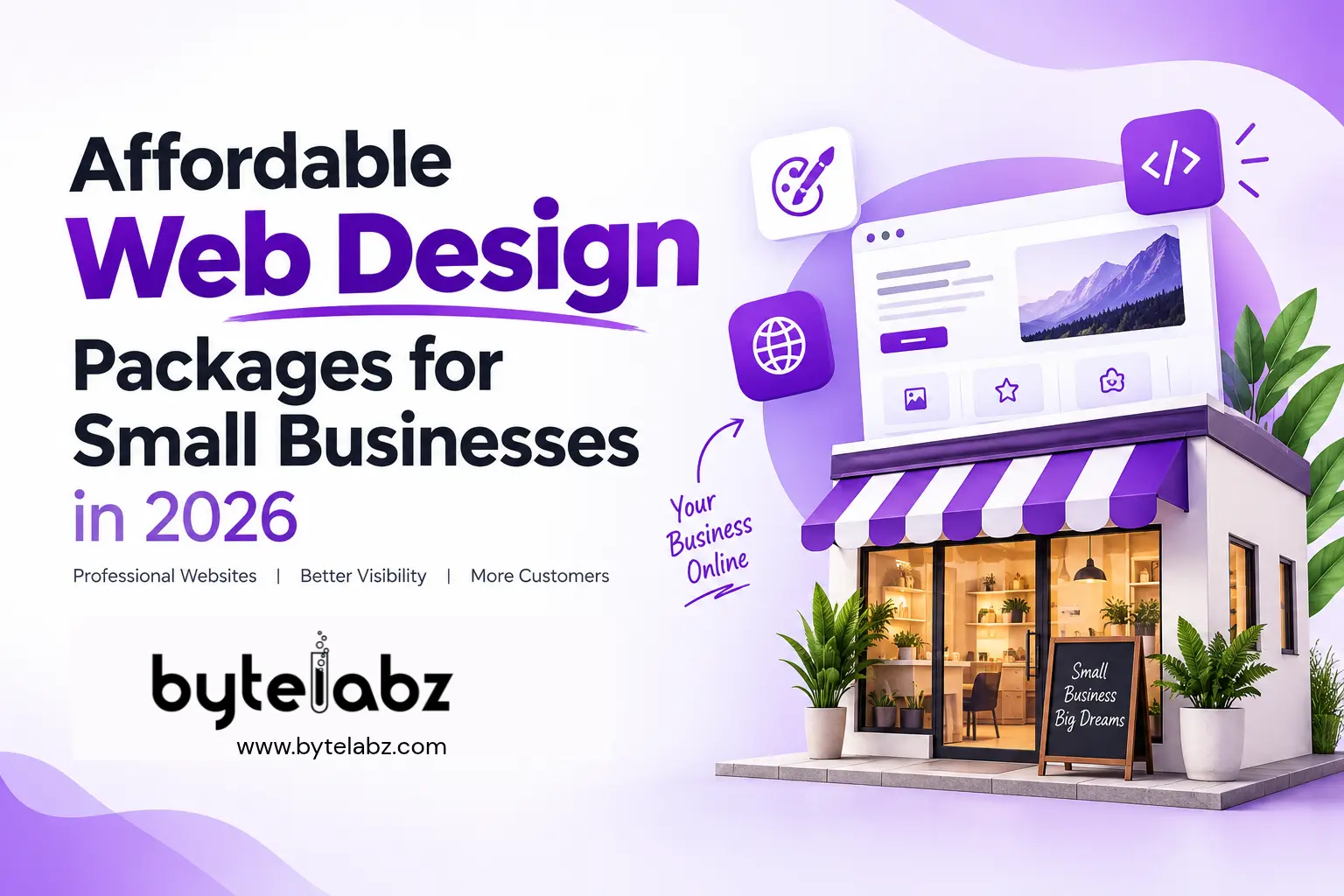Affordable Web Design Packages for Small Businesses in 2026ite branding. Affordable web design packages for small businesses in 2026, featuring a modern storefront illustration with purple and white branding.