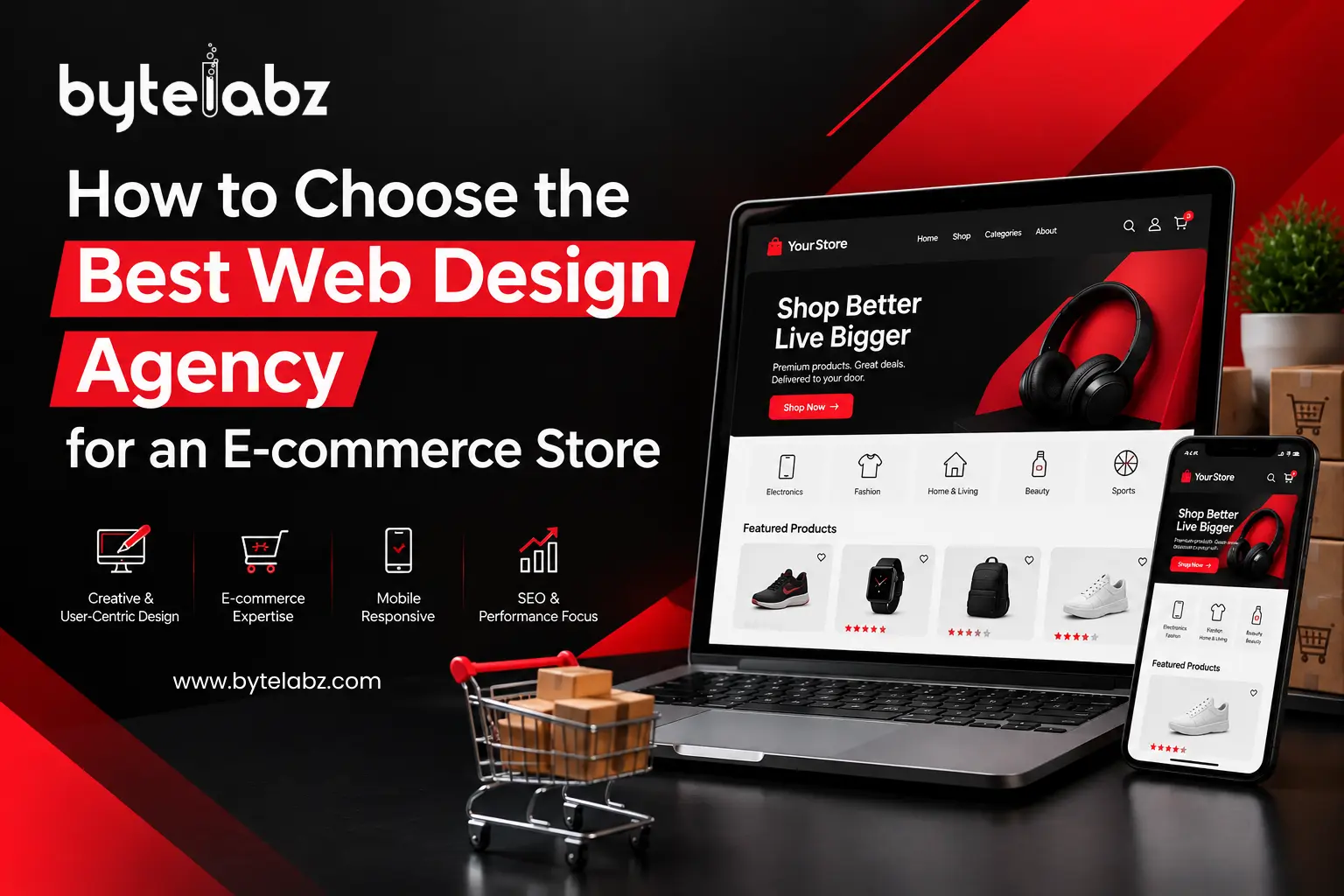 How to choose the best web design agency for an e-commerce store, with a responsive online shop shown on laptop and phone